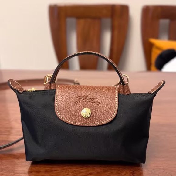 Longchamp Handbags - Longchamp Black Mini Top-Handle Crossbody with Brown Trim